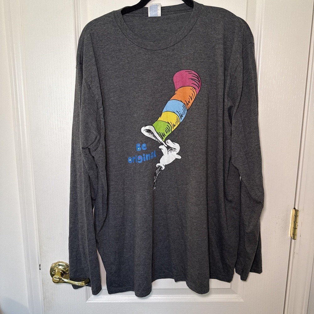Dr Seuss Cat in the Hat Be Original Long Sleeve Shirt Men's 2XL Gray Graphic
